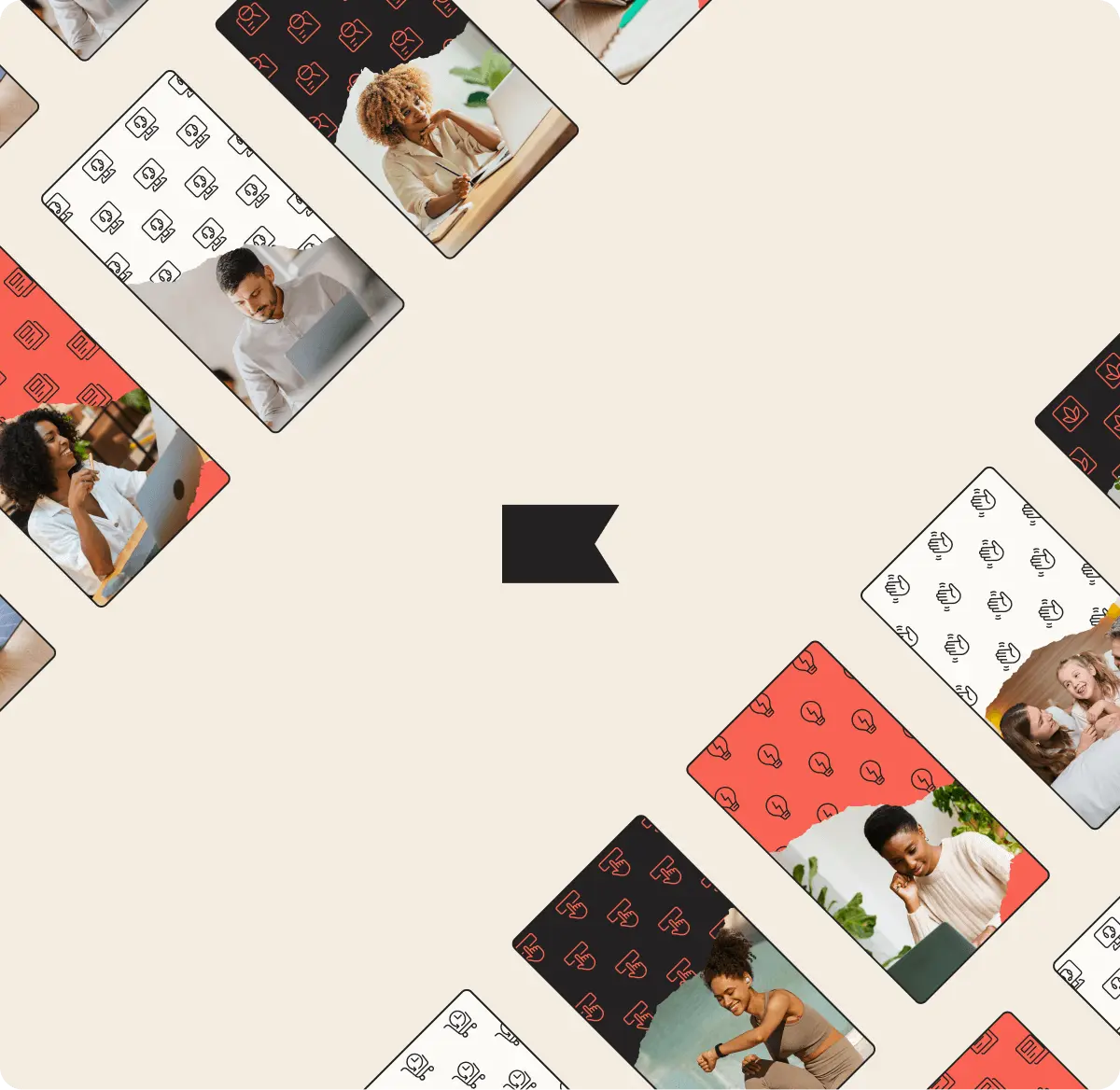 Collage of diverse people using laptops, with patterned backgrounds featuring icons. Central black flag icon.