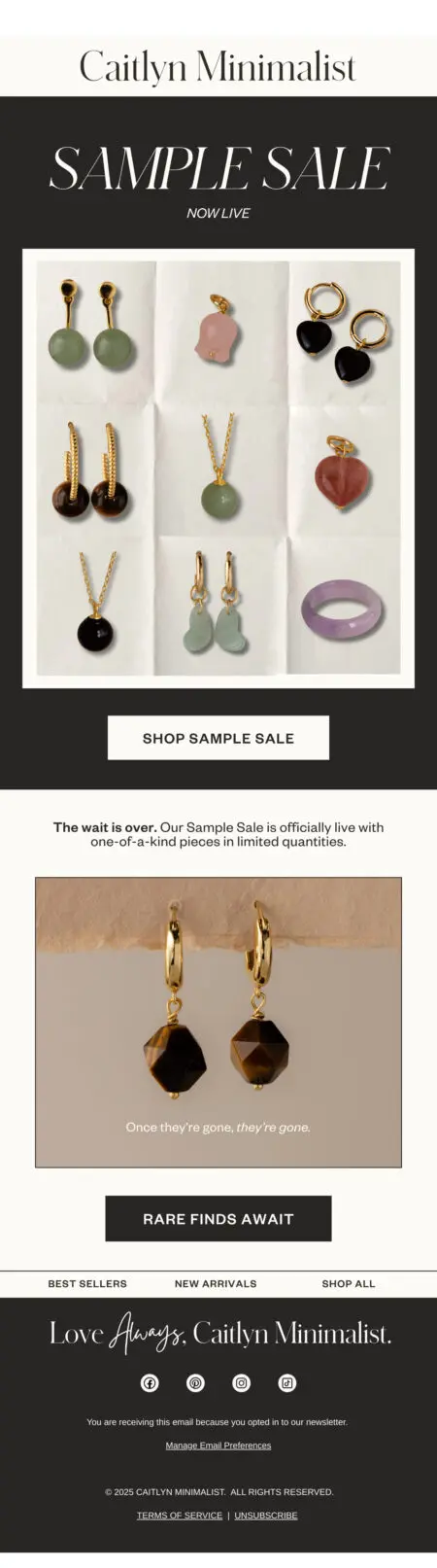Caitlyn Minimalist email promoting a sample sale with images of various jewelry pieces, including earrings and pendants.