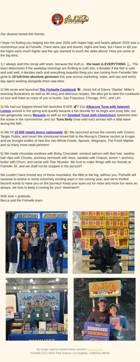 Email newsletter from Fishwife featuring a recap of 2025 achievements, including product launches and cookbook release, with images of team members and products.