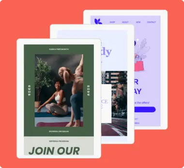 Three overlapping email templates on a red background, featuring a fitness referral program, a cityscape, and shopping theme.