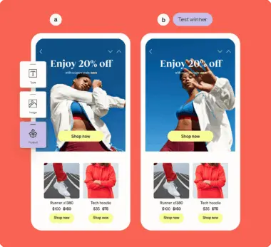 Two email templates compared, showing a "20% off" promotion with a "Shop now" button. Right template marked as "Test winner.