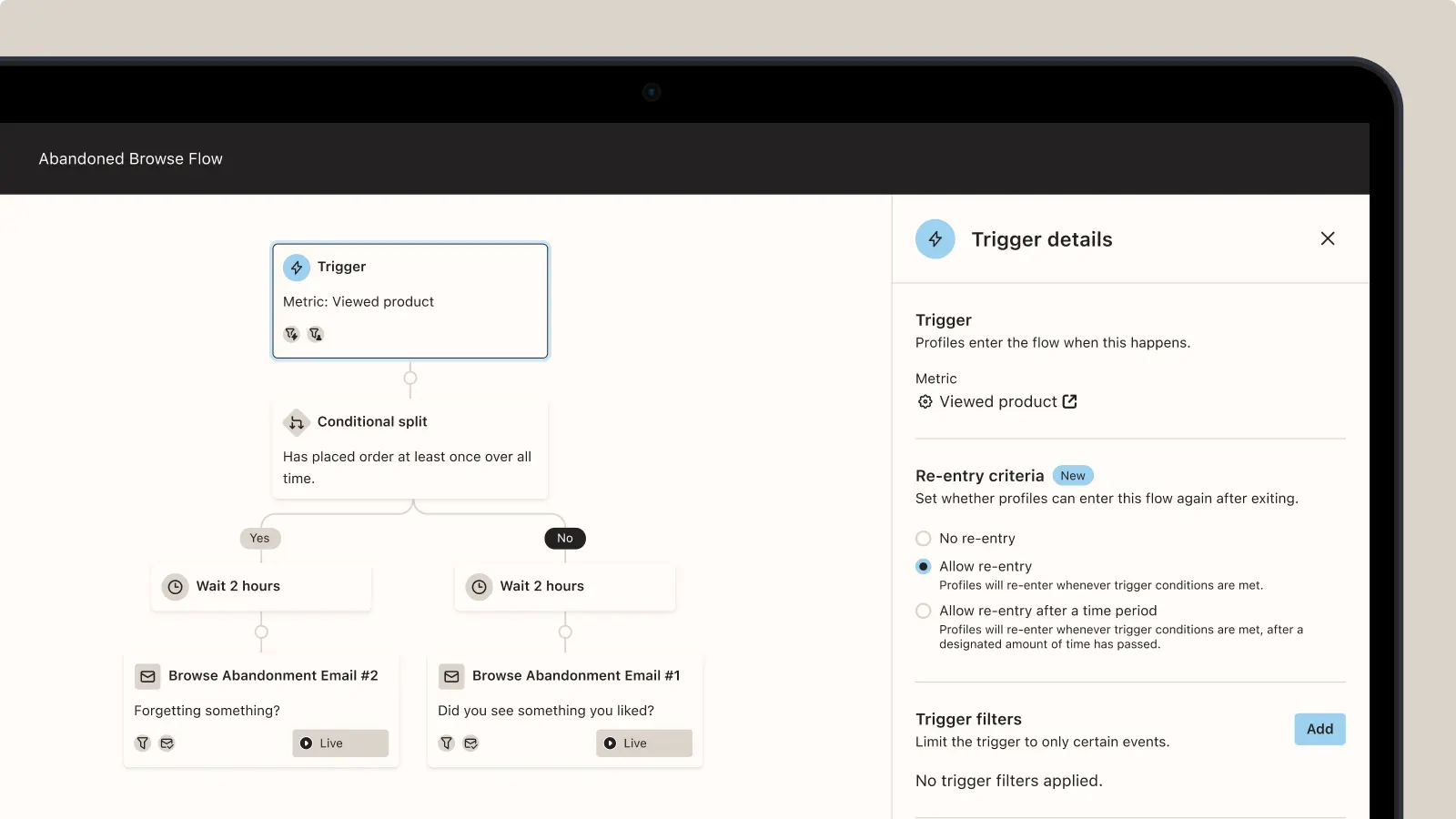 Flowchart for an "Abandoned Browse Flow" with triggers and conditional splits. Includes options for re-entry criteria and email actions.