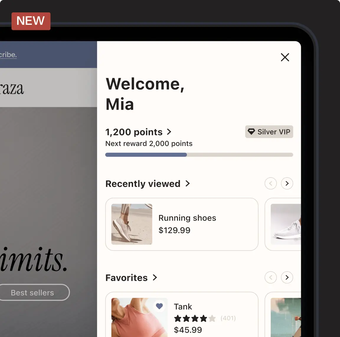 Customer hub interface showing a welcome message for Mia, with 1,200 points and Silver VIP status. Recently viewed item: Running shoes, $129.99.